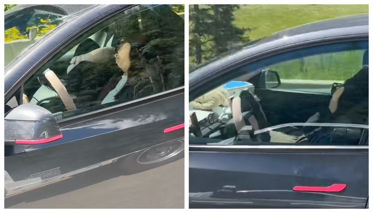 Dorme in una Tesla a guida autonoma mentre va in autostrada in Canada con due bimbi a bordo, video sui social
