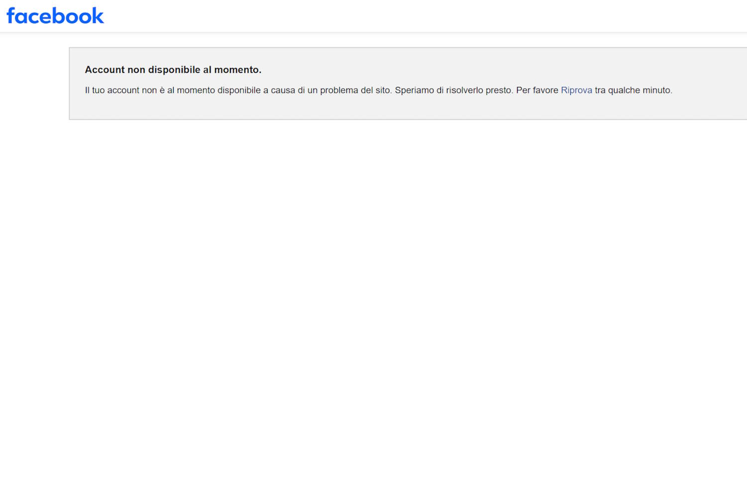 Facebook down, “Account non disponibile al momento” in tutto il mondo, cosa sta succedendo